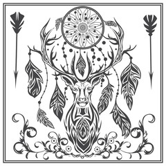 Ornament graphics deer feathers, arrows, Dreamcatcher