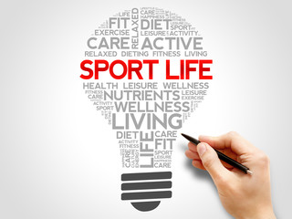 Sport Life bulb word cloud, health concept