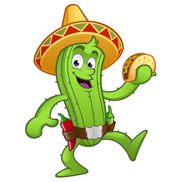 Cactus con un taco mexicano en la mano