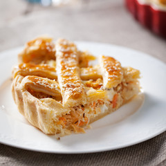 Cabbage pie on a white plate Grey textile background.