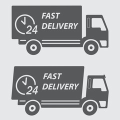 Fast delivery icon or sign. Symbol car carrying cargo, 24 hour. Vector illustration.