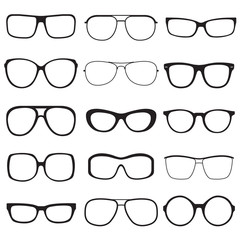 Glasses outline set. Sunglasses black silhouettes isolated on white background. Vector illustration.