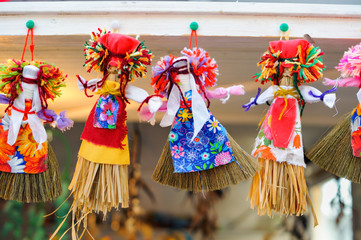 Maslenitsa dolls during spring holiday of Maslenitsa