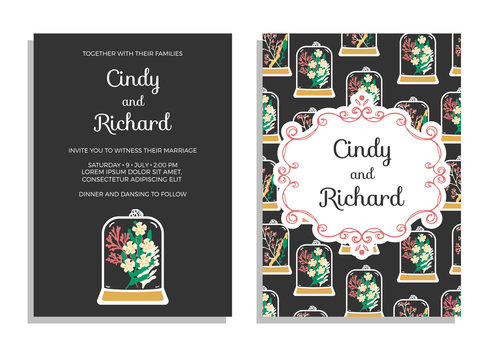 Wedding invitation, save the date cards. Vector illustration of floral terrariums with classic frame. Plant pendant with dried flowers, moss and berries on dark background.