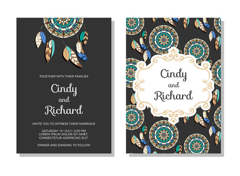 Wedding invitation, save the date cards. Colorful vector illustration of dreamcatchers with classic frame on dark background. Ethnic style wedding stationery