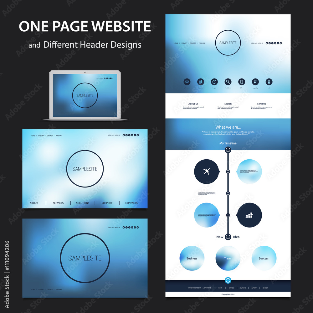 Poster one page website design template for your business with different blurred headers