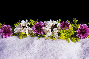 Several flowers on a fur fabric, black backgound