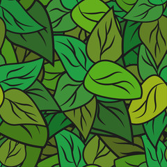 Fototapeta premium Seamless texture with doodle green leaves. Vector background for card and your creativity