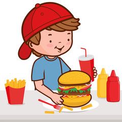 Child eating his fast food meal, a hamburger, fries, and drinking soda. Vector illustration