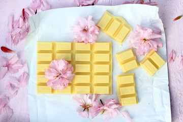 Beautiful, cherry flowers and white chocolate, Spring background