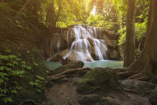 Huai Mae Khamin Waterfall in a deep forest with sunlight,Kanchanaburi, Thailand (nature, landscape, waterfall)