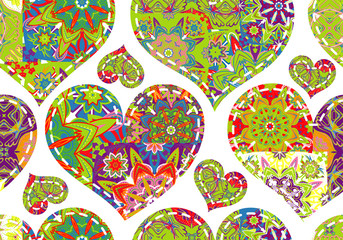 Seamless pattern with collection colorful blue red green hearts in vintage patchwork style on white background.