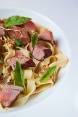 Pasta with slices of steak with basil, close-up