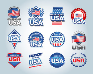 USA and made in the USA icons set. American made. Set of vector icons, stamps, seals, banners, labels, logos, badges. Vector illustration.