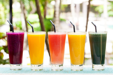 Assortment juices, smoothies, beverages, drinks variety