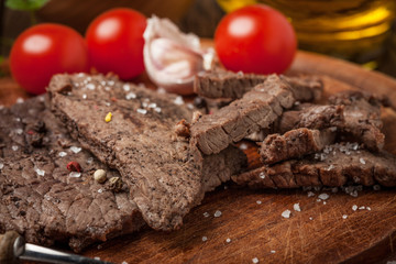 Slices of fried beef.