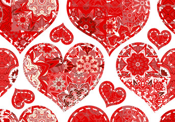 Seamless Valentine's Day pattern with pastel white red patchwork hearts on white background - obrazy, fototapety, plakaty