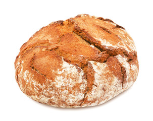 Freshly baked loaf of traditional round rye bread isolated on white background. Design element for bakery product label, catalog print, web use.