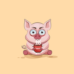 isolated Emoji character cartoon Pig nervous with cup of coffee sticker emoticon