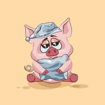 isolated Emoji character cartoon sleepy Pig in nightcap with pillow sticker emoticon
