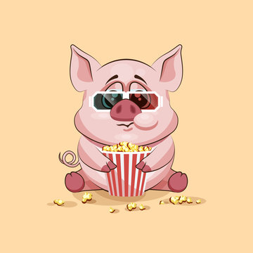 Emoji character cartoon Pig chewing popcorn, watching movie in 3D glasses sticker emoticon