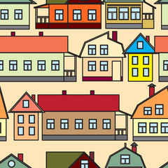 Seamless texture of urban homes. Dense buildings. Vector illustration.