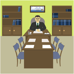 The director, the boss behind a desk in the office. The interior of the working cabinet in the office. Vector illustration.