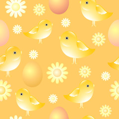 Seamless pattern with chicks, eggs and flowers.
