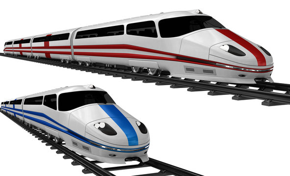 Two high speed bullet train. 3d illustration. Isolated on white