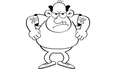 Black and white illustration of an angry man with tattoos.