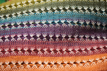 The colored product of handicraft textiles close up