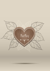 Wooden heart with leaves and Boho ornament