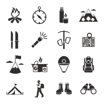 Mountain Climbing Black White Icons Set