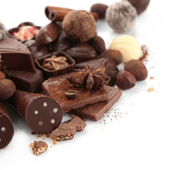 Assorted chocolate candies, isolated on white