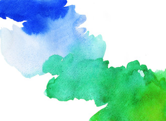 watercolor background two colors blue and green on a white