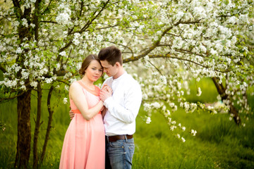 Naklejka na ściany i meble Couple in love under blooming branches spring day.