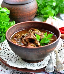 Lamb braised in white wine with tarragon, coriander and green onions.