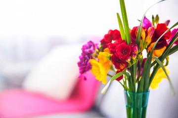 Beautiful freesia flowers on blurred background