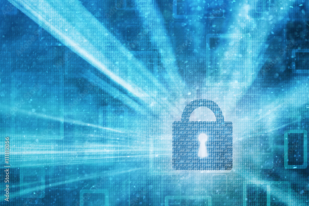 Poster turquoise blue colored closed padlock with binary number data illustration background. safety concep