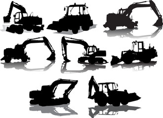 Set of 8 silhouettes of a tractors of road service