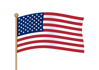 Waving american flag on pole. National symbol of United States of America USA with inclined gold stick. American flag isolated on white background. Vector illustration