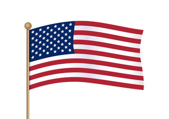 Fototapeta premium Waving american flag on pole. National symbol of United States of America USA with inclined gold stick. American flag isolated on white background. Vector illustration