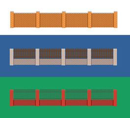 Fence vector illustration. Brick fence and wood fence. Fence aro