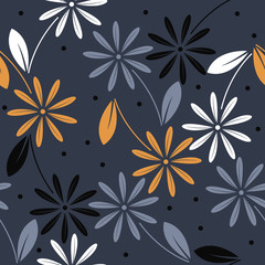 Elegant seamless pattern with colorful chamomile flowers on blue