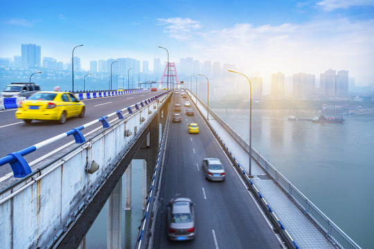 Motion Blurred Traffic On Bridge,chongqing China.