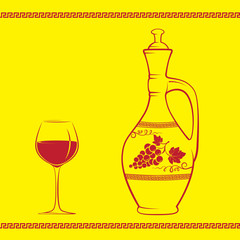 Wine jug decorated with grape and leaves, glass of red wine, Greek traditional pattern, pattern brush is included. Easy to replace colors.  