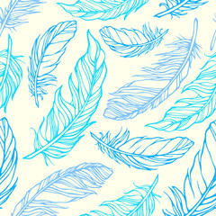 Seamless pattern with outline decorative feathers
