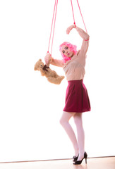 woman girl stylized like marionette puppet on string