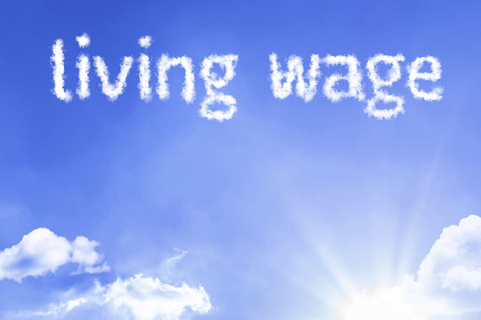 Living Wage cloud word with a blue sky