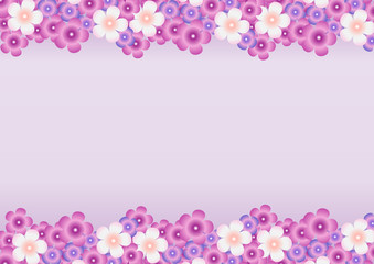 Vector bright background with a pattern of lilac, purple, white flowers of lilac horizontally at the top and bottom.